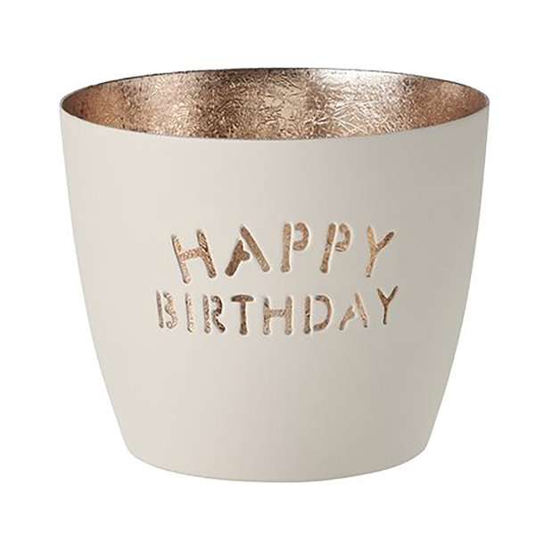 Madras, Windlicht, M, Motiv: Happy Birthday, weiß/gold - Windlicht