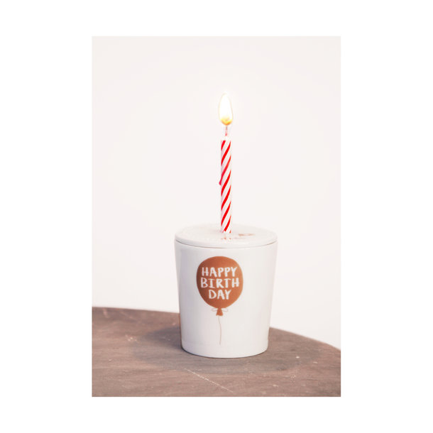 GOF Mini Geburtstagsbecher, Motiv: Happy Birthday - kleiner Porzellanbecher mit Deckel und Kerze