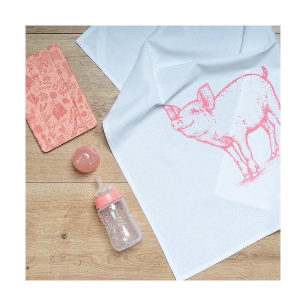1730 Geschirrtuch weiss 50x70cm - Motiv: Schweinchen pink