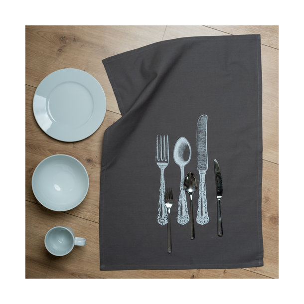 1730 Geschirrtuch grau 50x70cm - Motiv: Besteck ...