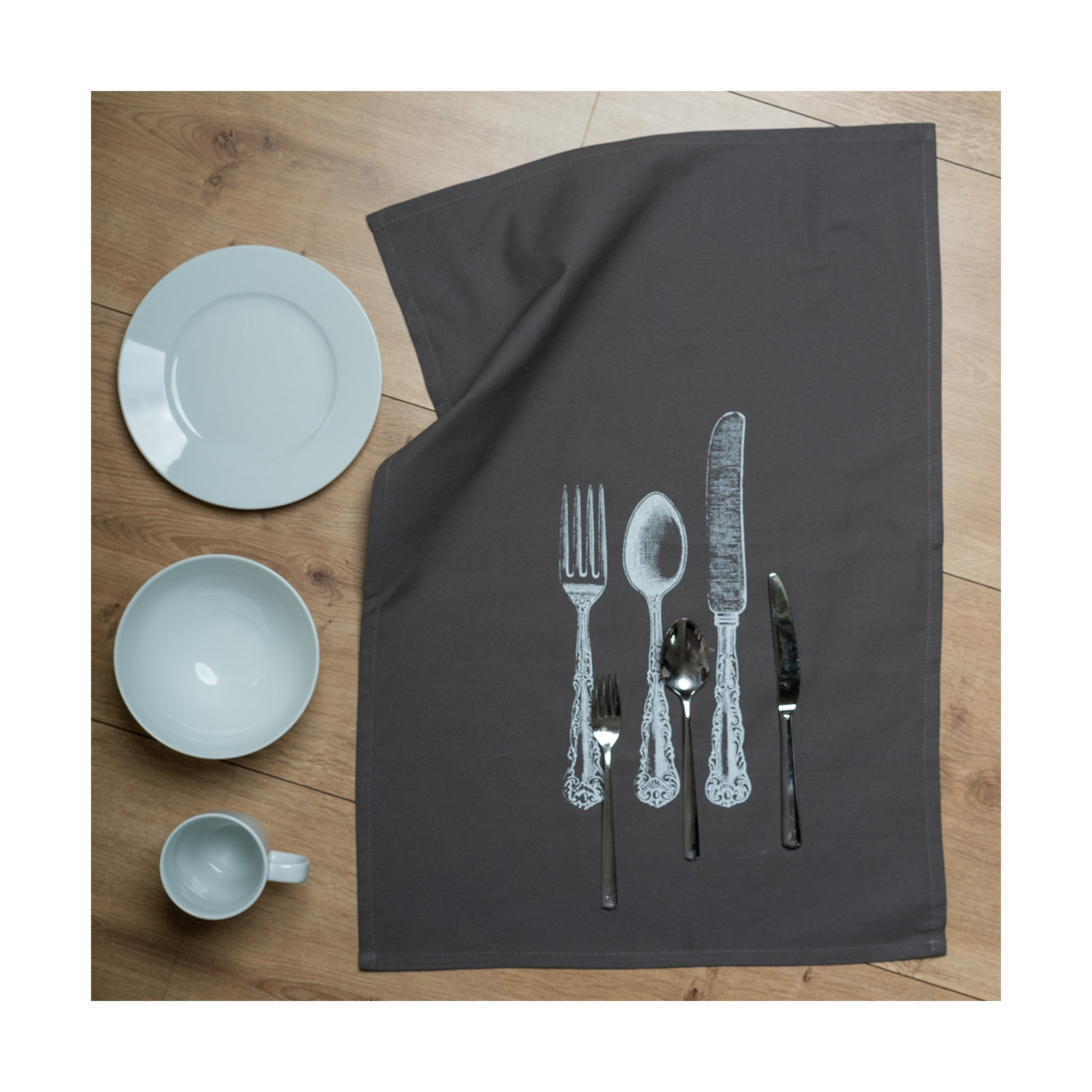 1730 Geschirrtuch grau 50x70cm - Motiv: Besteck ...