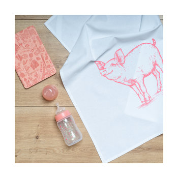 1730 Geschirrtuch weiss 50x70cm - Motiv: Schweinchen pink
